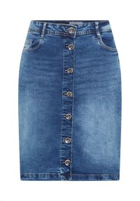 Jupe en denim bleu moyen à la coupe ajustée, dotée d'une fermeture à boutons sur le devant, de cinq poches et de détails surpiqués.