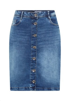 Jeansrock in mittlerem Blau mit figurbetonter Passform, vorn mit Knopfleiste, fünf Taschen und aufgenähten Details.