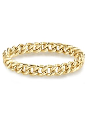 Goldene Kettenarmband mit miteinander verbundenen Gliedern, die eine glatte, glänzende Oberfläche und leicht abgerundete Kanten aufweisen und ein durchgehendes, einheitliches Design bieten.