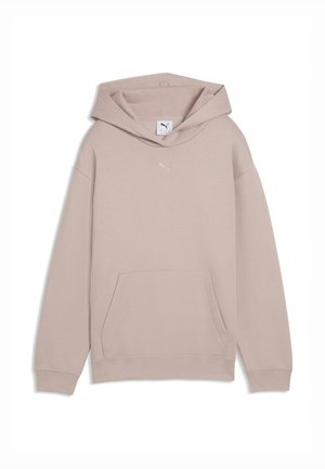 Sudadera con capucha de color beige claro, con bolsillo frontal tipo canguro y pequeño logo de Puma centrado debajo del cuello.