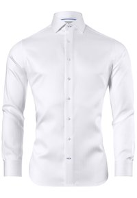 White long-sleeve dress shirt made of smooth fabric, featuring a pointed collar, button-up front, and subtle texture.