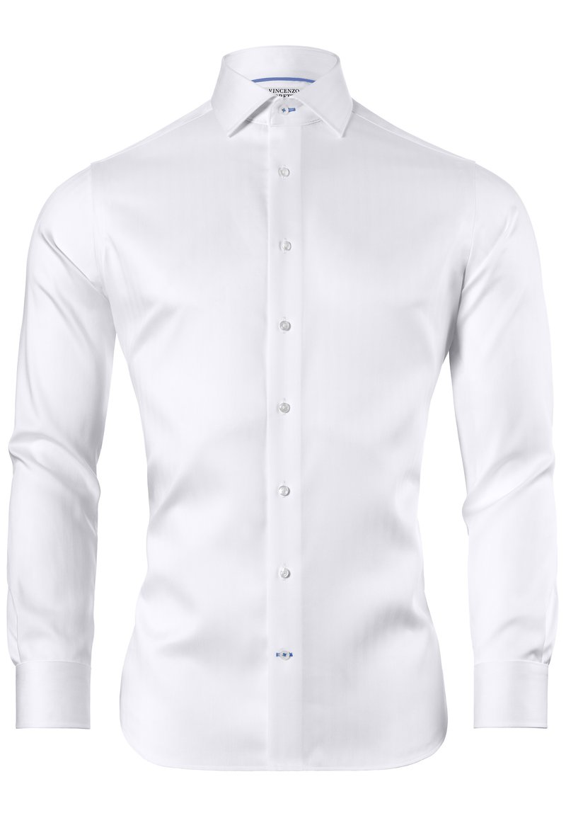 White long-sleeve dress shirt made of smooth fabric, featuring a pointed collar, button-up front, and subtle texture.