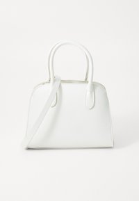 White faux leather handbag with structured shape, dual top handles, and a detachable shoulder strap. Features a zip closure and minimal stitching.