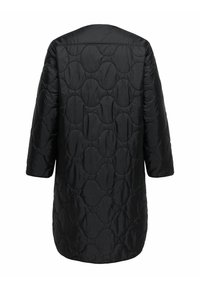 Juoda siūta striukė laisvo silueto, su bangos raštu ir alkūnės ilgio rankovėmis, pagaminta iš lygaus, lengvo audinio.