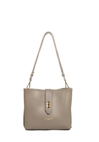 Borsa a tracolla in pelle grigia con una forma strutturata, dettagli in metallo dorato e un frontale con pattina e chiusura. Dispone di una singola tracolla regolabile.