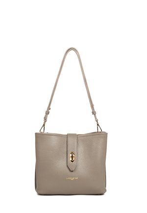 Grey leather handbag with a structured shape, gold hardware accent, and a front flap with a clasp. Features a single adjustable strap.