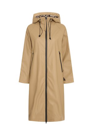 Light beige waterproof coat with a hood, black zipper, kangaroo pockets, and a patterned interior lining. Long, straight cut design.