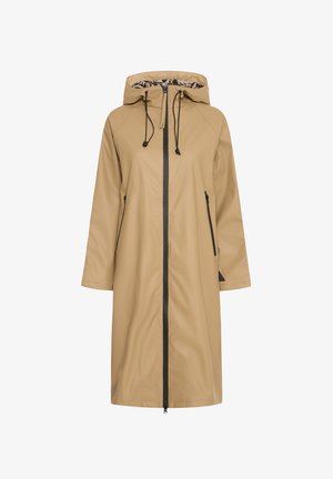 Light beige waterproof coat with a hood, black zipper, kangaroo pockets, and a patterned interior lining. Long, straight cut design.