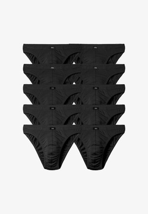 Zehn Paar schwarze Baumwollslips, mit einem schlichten Design, elastischem Bund und einem kleinen Etikett auf der Vorderseite zur Größenindikation.