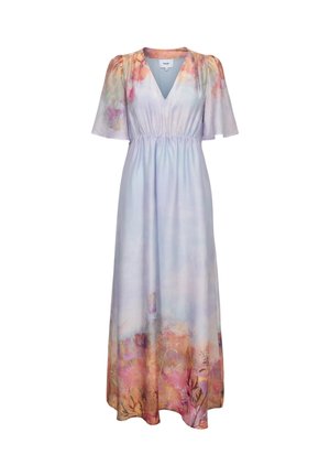 Lichtpaarse maxi-jurk met V-hals, korte pofmouwen, getailleerde taille en bloemenprint in roze en oranje tinten aan de zoom en schouders.