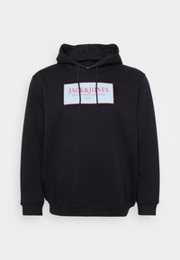Black hoodie made of soft fabric, featuring a front logo label in white and red on a light blue background. Includes a drawstring hood.