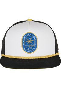 Cappellino da baseball con parte frontale bianca, lati in rete nera, accento in corda gialla e logo blu con una palma e il testo "NO BAD DAYS."
