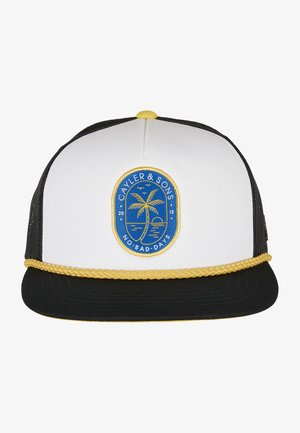 Baseball cap with white front, black mesh sides, yellow rope accent, and blue logo featuring a palm tree and text "NO BAD DAYS."