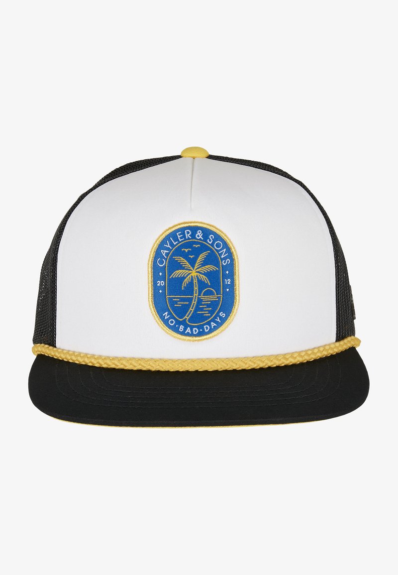 Baseball cap with white front, black mesh sides, yellow rope accent, and blue logo featuring a palm tree and text "NO BAD DAYS."
