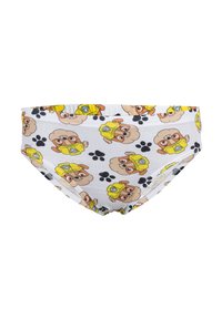 Mutande per bambini con una base bianca, caratterizzate da vivaci motivi di cani dei cartoni animati vestiti di giallo, arricchiti da impronte di zampe nere. Materiale in cotone.