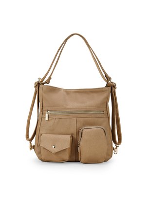 Beige Schultertasche mit strukturierter Oberfläche, ausgestattet mit einem Reißverschluss oben, zwei Fronttaschen und einem verstellbaren Tragegurt. Akzente aus vergoldetem Metall.