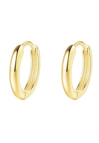 Goldene Creolenohrringe mit einem glatten, abgerundeten Design. Jeder Ohrring hat eine polierte Oberfläche und ein dezentes strukturiertes Inneres.