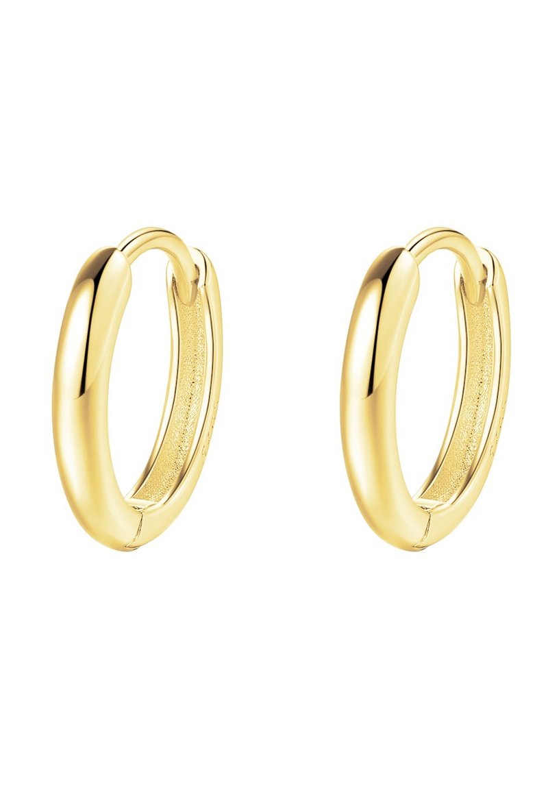 Goldene Creolenohrringe mit einem glatten, abgerundeten Design. Jeder Ohrring hat eine polierte Oberfläche und ein dezentes strukturiertes Inneres.