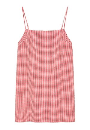 Sukienka bez rękawów w czerwono-białą kratę gingham, z cienkimi ramiączkami i prostym dekoltem.
