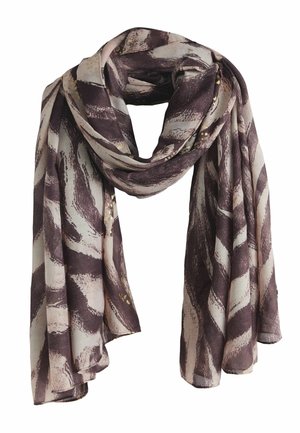 Kevyt huivi, jossa abstrakti ruskean ja beigen siveltimenvedoilla kuvioitu kuvio ja hienovaraiset kultaiset pilkut, löysästi laskostettu ja solmittu.