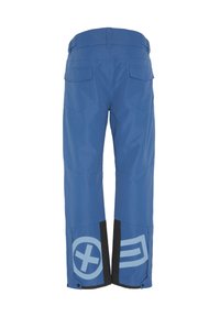 Blue ski pants featuring a smooth texture, two back pockets, and black reinforcement details at the hem, with large blue symbols on the legs.