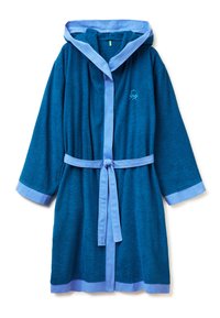 Hooded bathrobe in dark blue terry cloth with light blue accents. Features long sleeves, a belt, and an embroidered emblem on the front.