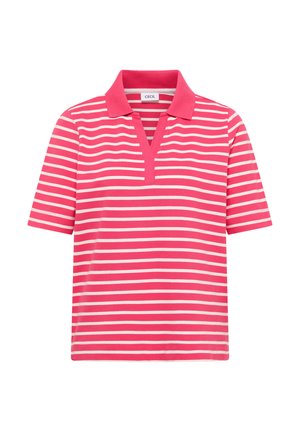 Pink og hvid kortærmet polo med vandrette striber, en ensfarvet pink krave og V-udskæring.