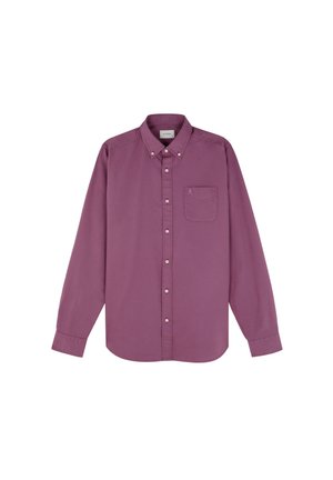 Lange mouwen blouse met knopen van donkerpaarse stof en een borstzak aan de voorkant; voorzien van knopen langs de knoopsluiting en mouwen met manchetten.