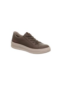 Braune Leder-Sneaker mit abgerundetem Zeh, Schnürdesign, gepolstertem Kragen und hellem Gummisohle mit strukturiertem Grip-Muster.