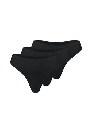 Drei schwarze nahtlose Tanga-Unterhosen in versetztem Stapel auf weißem Hintergrund angeordnet.