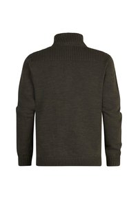 Olivengrønt sweater med høj hals, strukturerede ribbet detaljer på skuldrene samt ribbede manchetter og kant. Blødt strikmateriale. Bagfra.