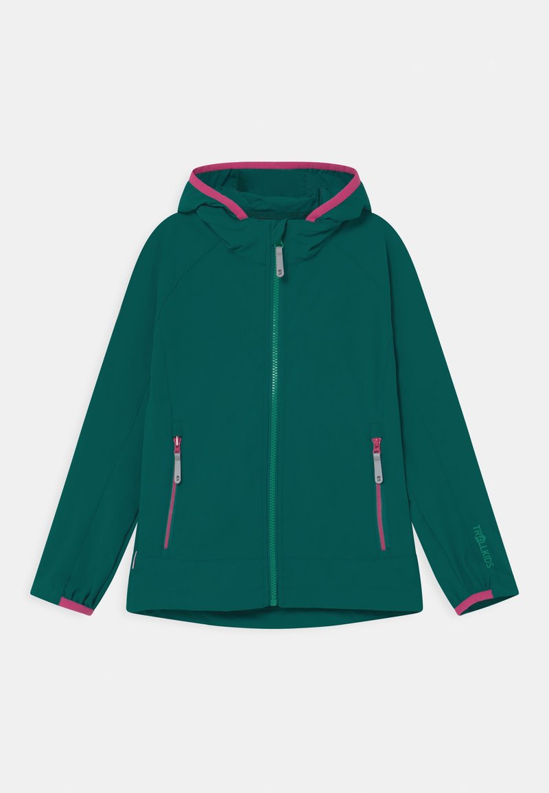 Tealfarbene Jacke mit Kapuze, die pinke Akzente am Kragen und Reißverschluss hat. Sie verfügt über zwei seitliche Reißverschlusstaschen und eine glatte Textur.