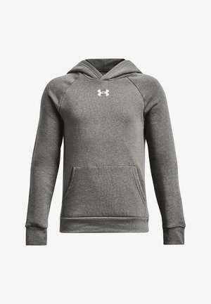 Siva kapuca sweatshirt iz mehkega materiala, z kenguru žepom, rebrastimi manšetami in belim logotipom na prsih. Redna velikost.