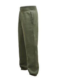 Olivengrønne sweatpants lavet af blødt stof, med elastisk taljebånd, sidelommer og elastiske manchetter ved anklerne.