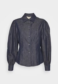 Camicia in denim blu scuro con maniche lunghe a sbuffo, chiusura frontale a bottoni e colletto appuntito. Tessuto liscio con dettagli di cucitura sottili.