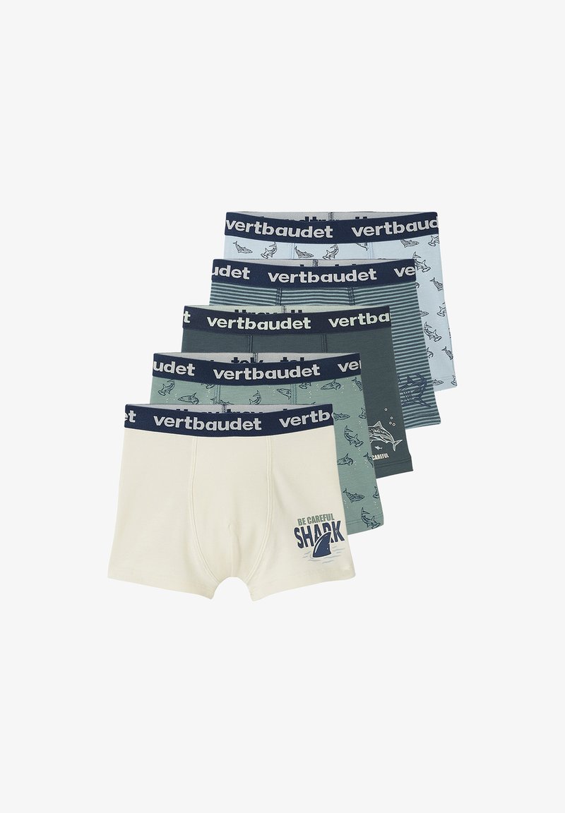 Five boys' boxer briefs in blue, gray, green, and cream, featuring shark prints and "vertbaudet" branded waistbands.