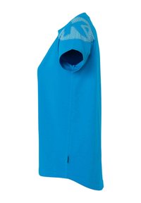 Korte mouw T-shirt van helderblauwe stof, met een gestructureerd meshpatroon op de schouder en een losse, relaxte pasvorm.