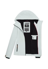 Veste blanche avec capuche, doublure intérieure noire, accents rouges, poches zippées à l'avant, et une étiquette comportant des instructions d'entretien et une marque.