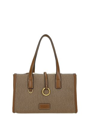 Borsa rettangolare in tessuto marrone con due manici in pelle, anelli metallici dorati, rifinitura in pelle cucita e patch logo sul davanti.
