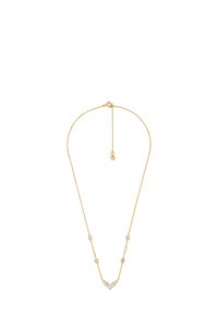 Collana color oro con catena delicata, caratterizzata da gemme rotonde e trasparenti distribuite uniformemente lungo la lunghezza e una chiusura a gancio.