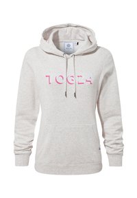 Light grey hooded sweatshirt with pink speckles. Features a front pocket and "TOG24" logo in pink and white on the chest. Cotton blend fabric.