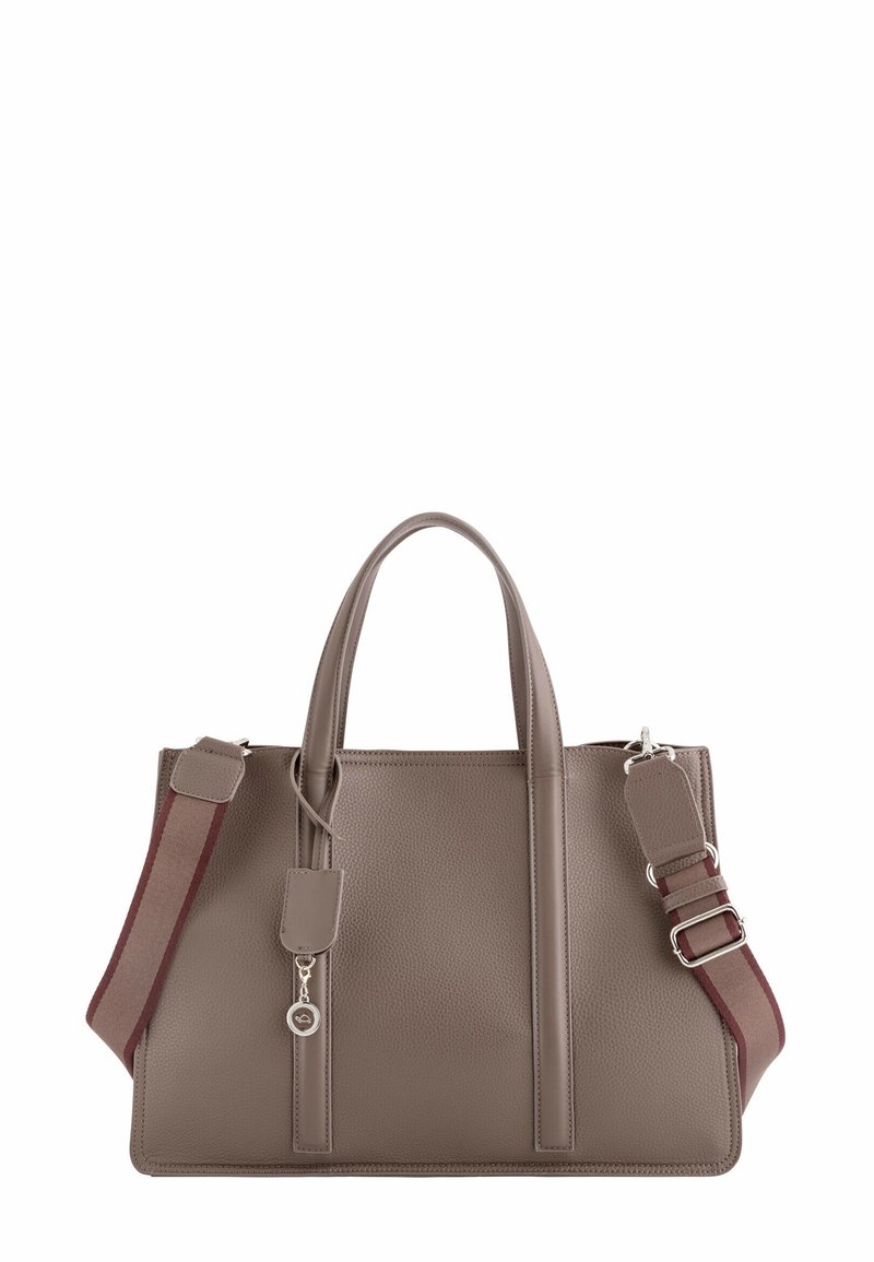 Sac à main en cuir taupe avec deux anses et une bandoulière en tissu marron réglable avec des ferrures argentées.