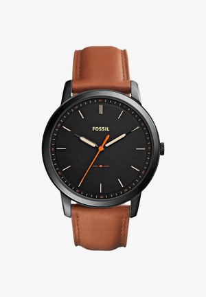 Sort urskive Fossil armbåndsur med lyselæderrem, minimalistiske timeindikatorer og orange sekundviser, der viser 10:10:35.