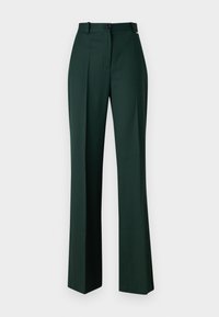 Green tailored trousers made of a smooth fabric, featuring a straight-leg design, pleats, and a single button closure at the waistband.