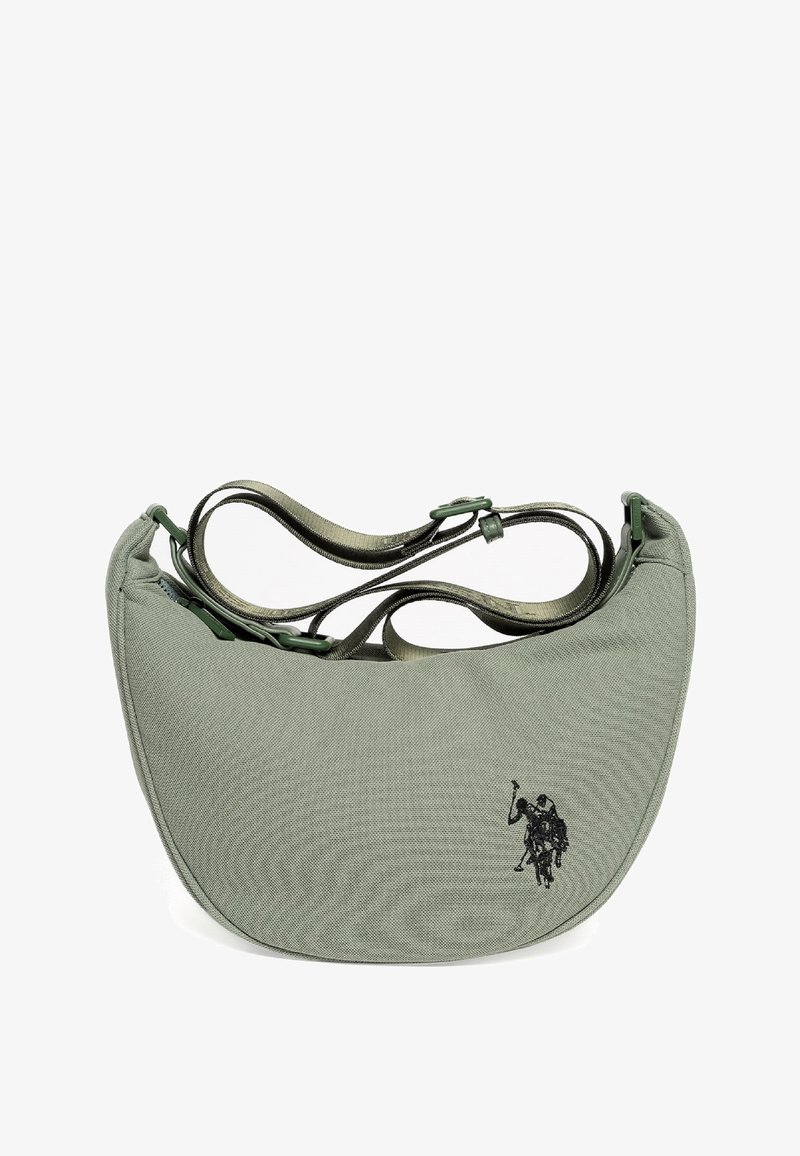 Geantă de umăr din material verde cu o siluetă curbată, având o broderie decorativă neagră, curele reglabile și o suprafață texturată.