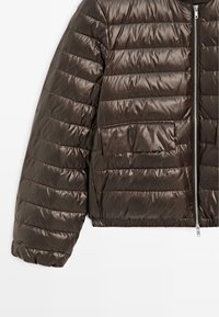 Brown puffer jacket with a quilted pattern, shiny exterior, zip closure, and elasticated hem and cuffs. Compact, cropped design.
