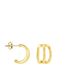 Guldtonade örhängen med en snodd design i två stilar: en böjd hoop och en tjockare, dubbel-looped del. Slät, glänsande yta.