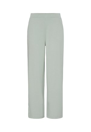 Lichtgroene rechte broek met elastische tailleband en zijzakken, gemaakt van zachte stof.