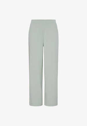 Lichtgroene rechte broek met elastische tailleband en zijzakken, gemaakt van zachte stof.
