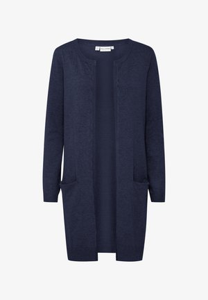Long navy blue open-front cardigan with long sleeves and front pockets, made of knitted fabric.